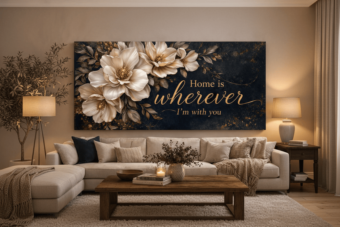 Home is Wherever I’m With You Wall Art - Elegant Floral Canvas Print with Gold Accents - Sense for Decor