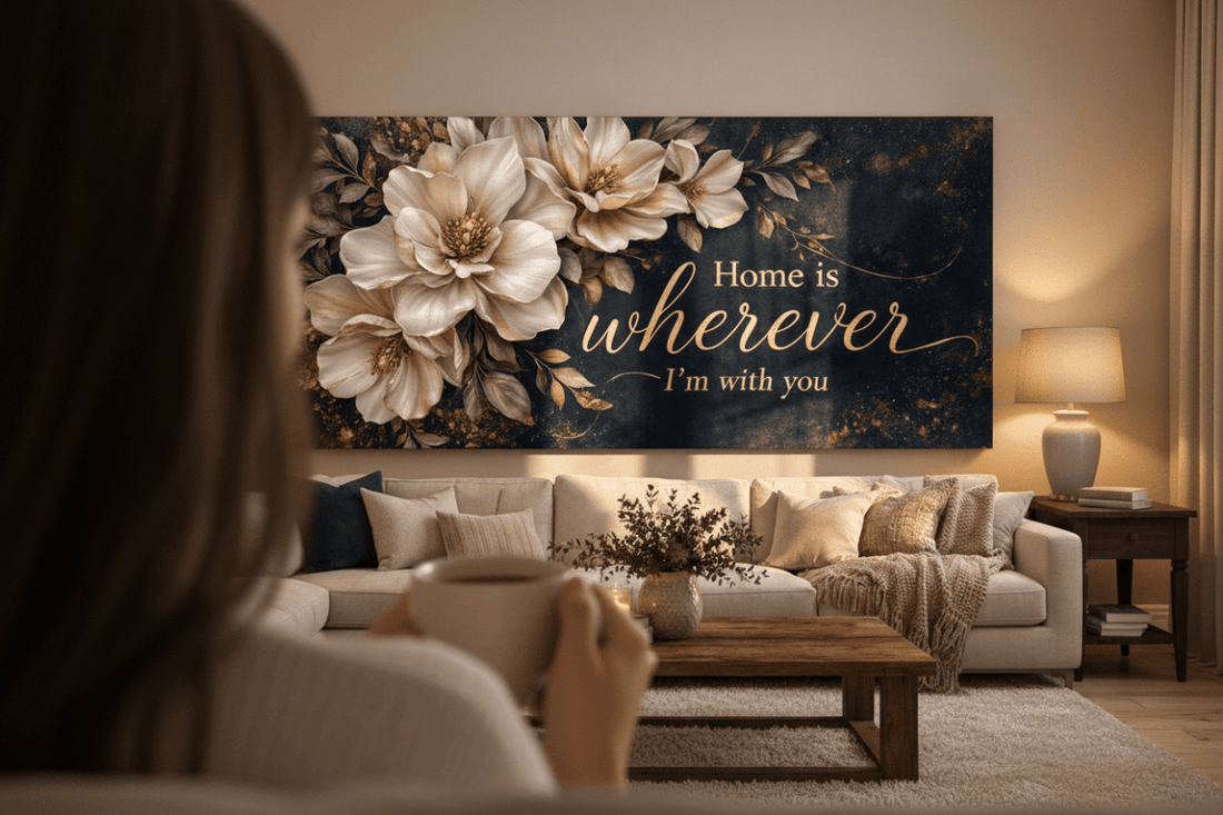 Home is Wherever I’m With You Wall Art - Elegant Floral Canvas Print with Gold Accents - Sense for Decor
