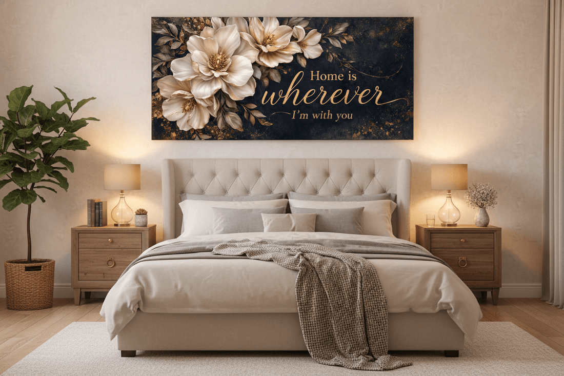 Home is Wherever I’m With You Wall Art - Elegant Floral Canvas Print with Gold Accents - Sense for Decor