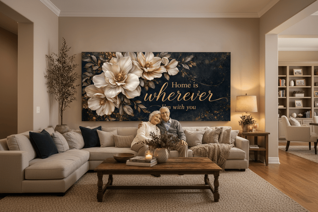 Home is Wherever I’m With You Wall Art - Elegant Floral Canvas Print with Gold Accents - Sense for Decor