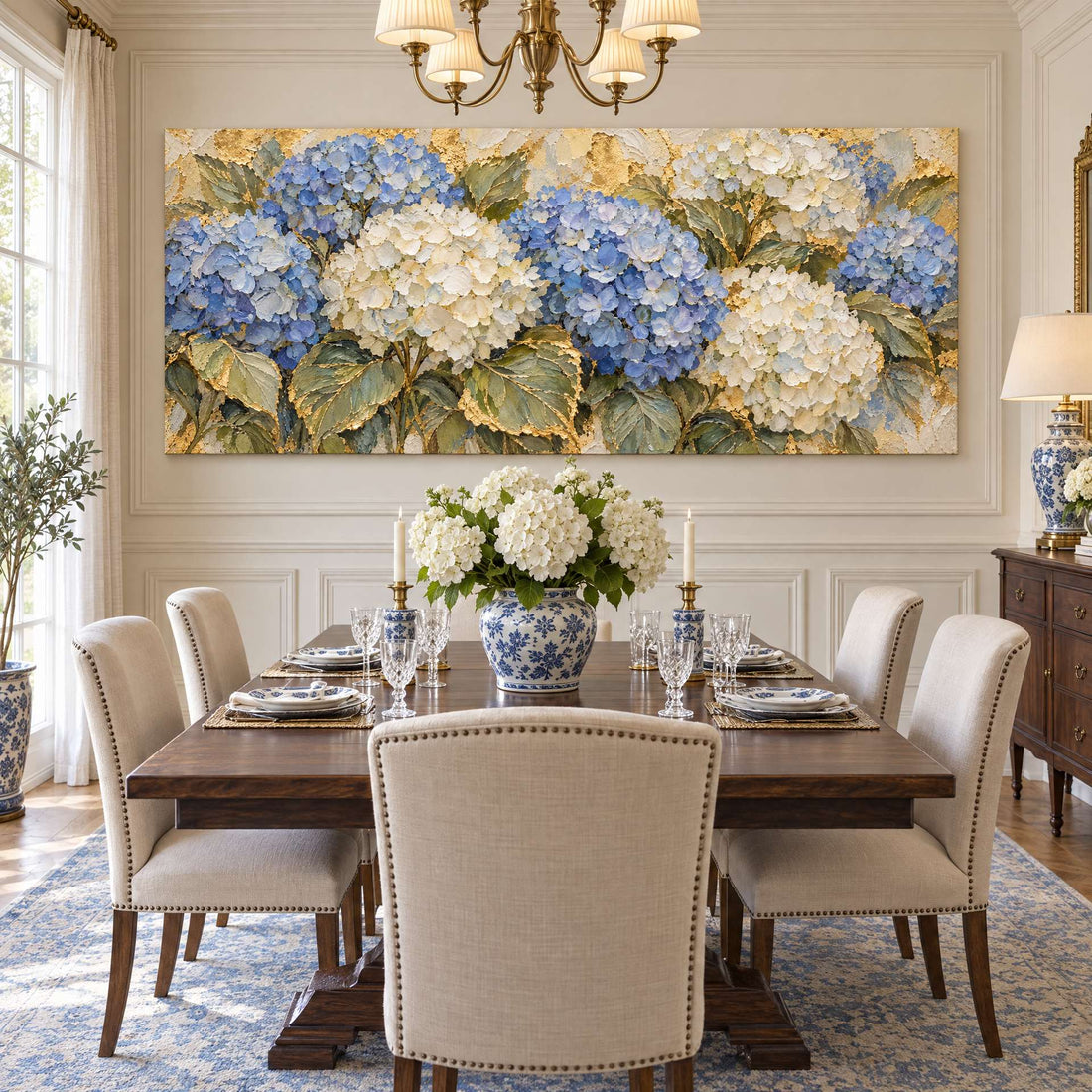 Hydrangea canvas above a dark wood dining table in a French blue dining room