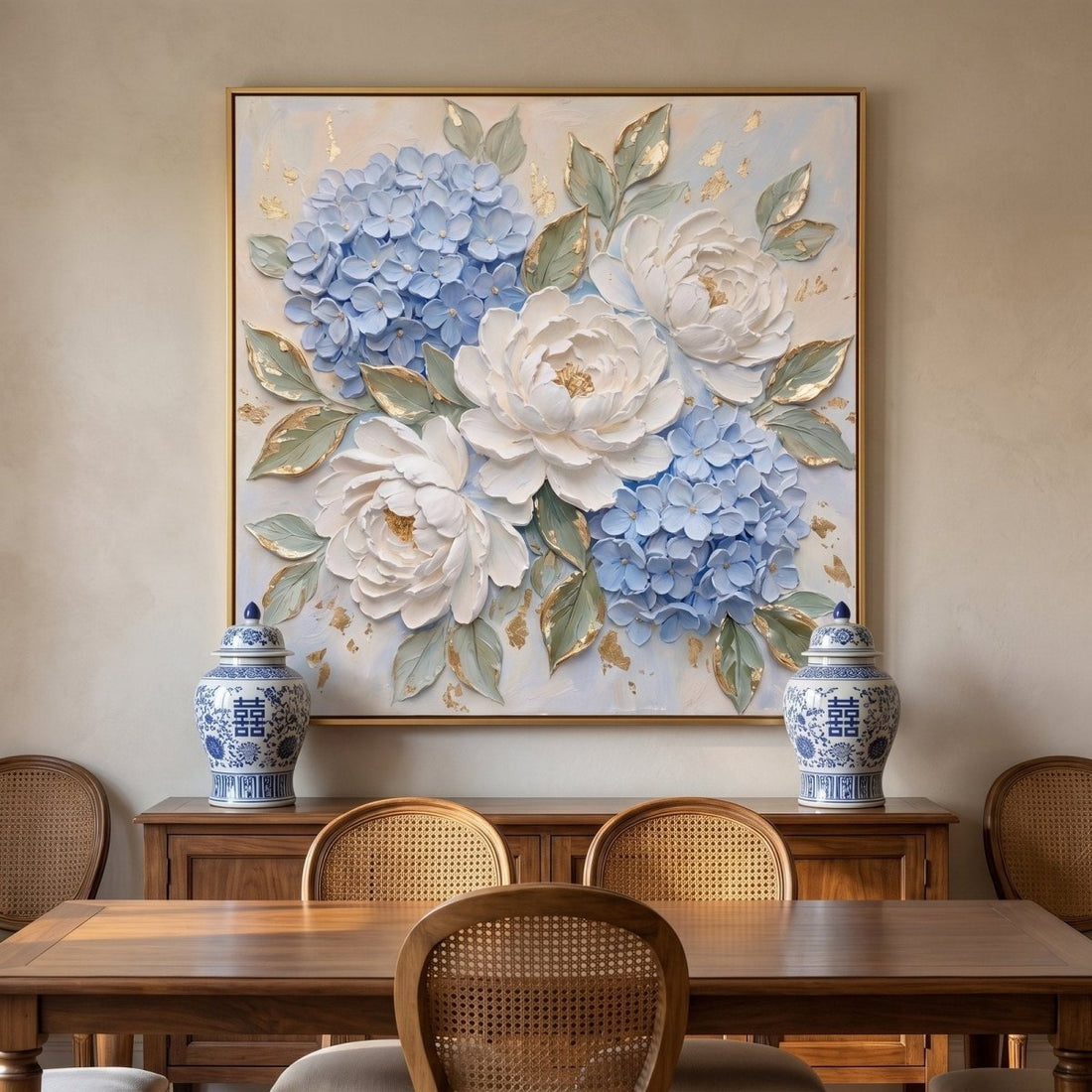 Hydrangea and Peony Wall Art – Oversized Blue, White and Gold Floral Textured Look Canvas for Living Room - Sense for Decor