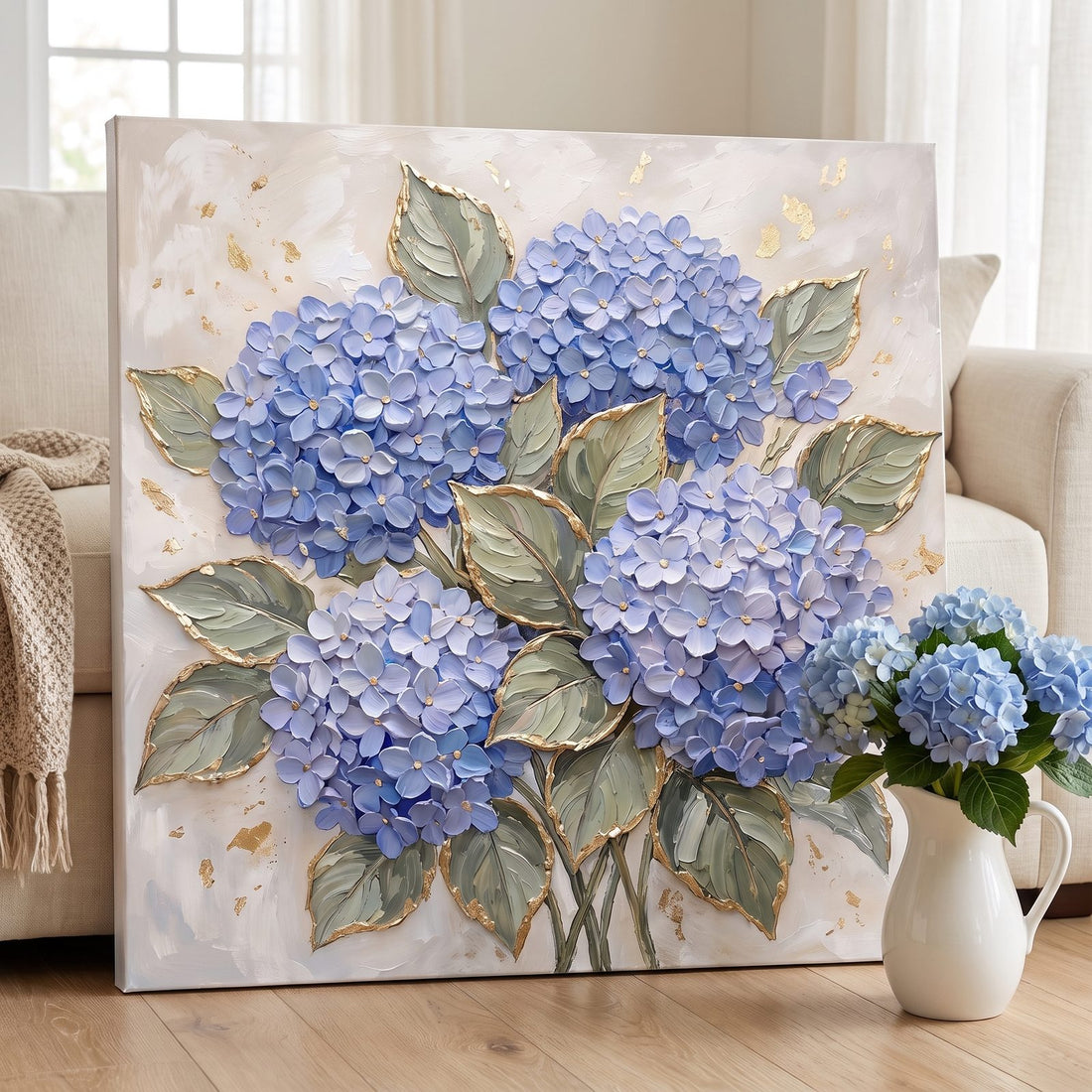 Close-up of the hydrangea canvas showing sculpted florets and gold-edged leaves