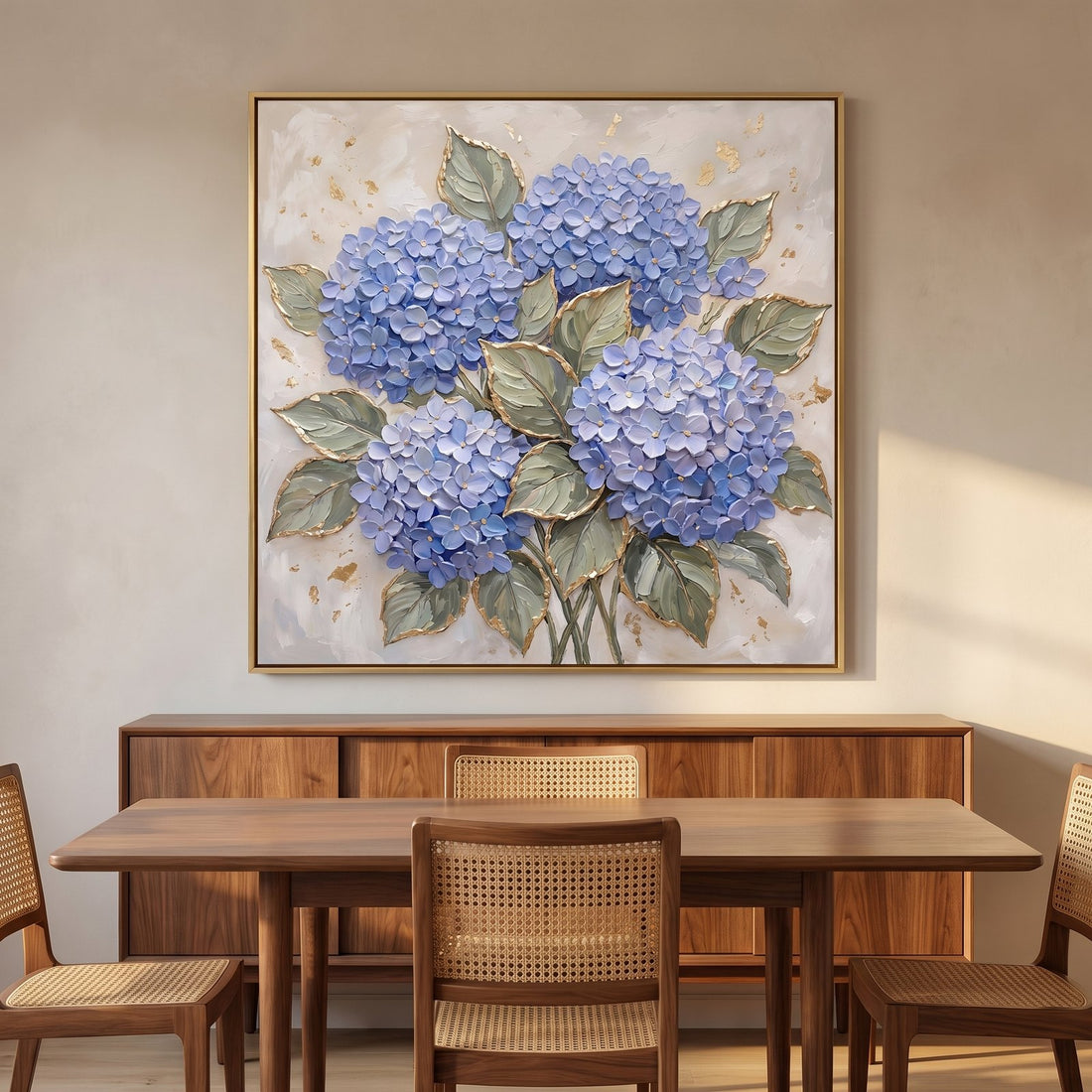 Blue hydrangea canvas above a walnut sideboard in a French country dining room