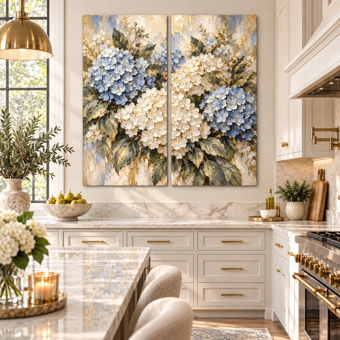 Blue hydrangea canvas pair above a marble counter in a bright white kitchen