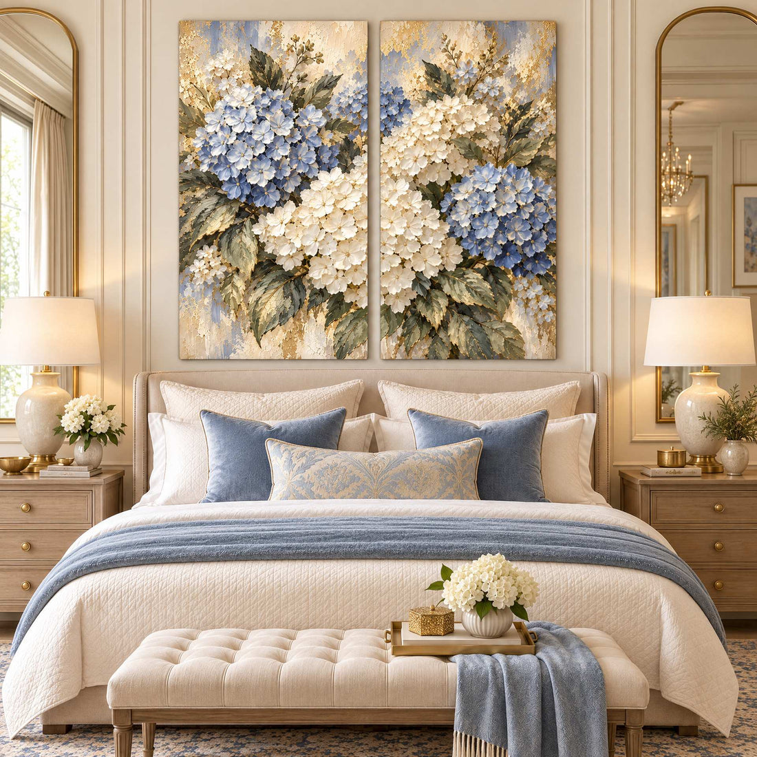 Hydrangea diptych above an upholstered bed with blue and cream linen
