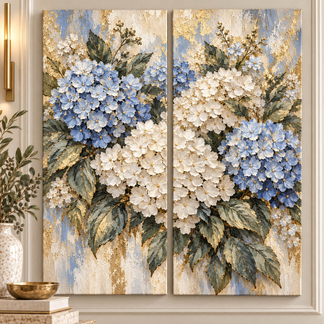 Close up of the two hydrangea panels showing the carved petals and gold leaf