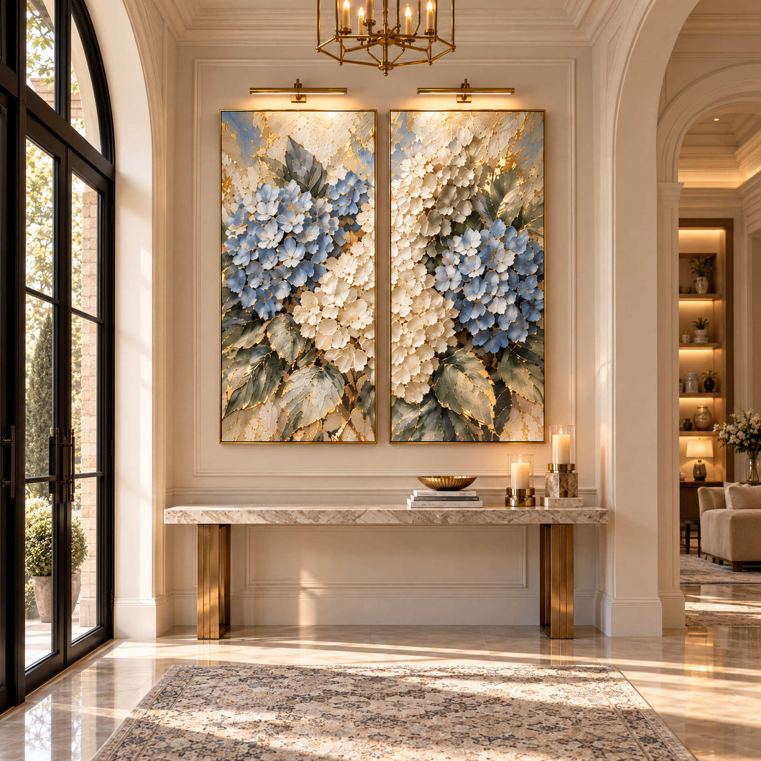 Two panel hydrangea canvas above a marble console in a grand entryway