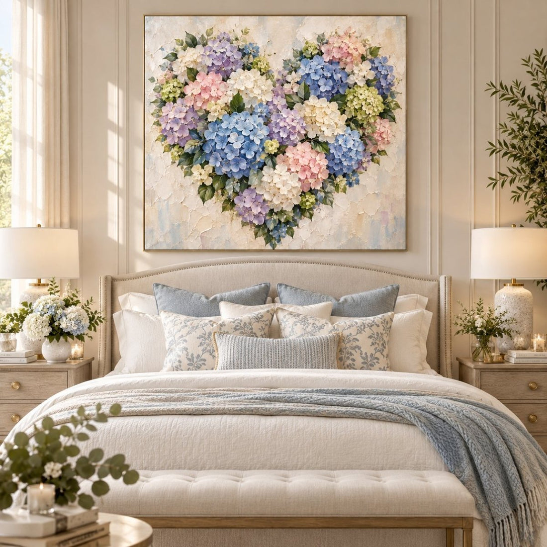 Hydrangea Heart Wall Art – Oversized Blue and Pink Pastel Floral Textured Look Canvas for Living Room - Sense for Decor