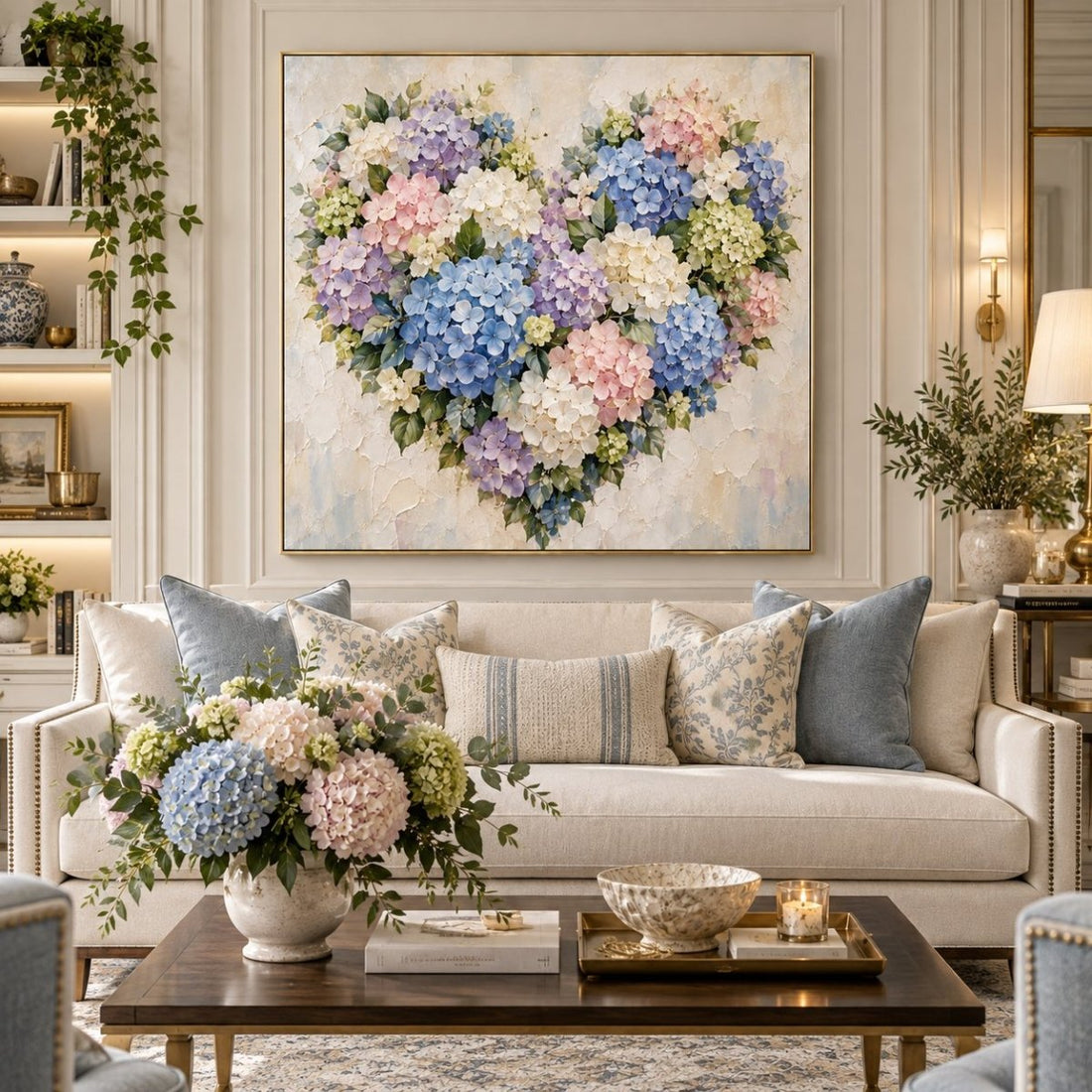 Hydrangea Heart Wall Art – Oversized Blue and Pink Pastel Floral Textured Look Canvas for Living Room - Sense for Decor
