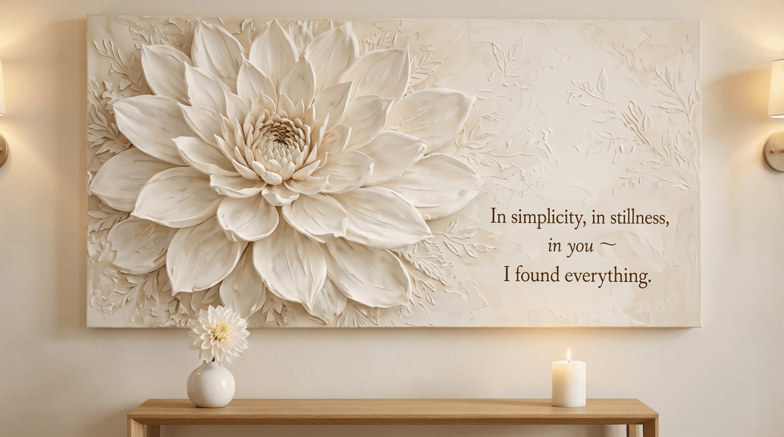 In Simplicity and Stillness Wall Art - 3D Cream Dahlia Canvas Print with Champagne Gold Accents - Sense for Decor