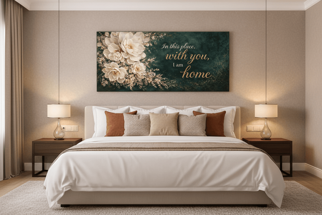 In This Place With You I Am Home Wall Art - Deep Emerald Green Floral Canvas Print with Gold Glitter - Sense for Decor