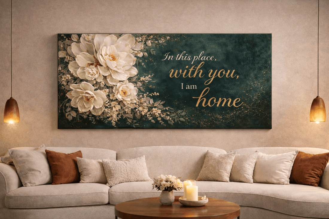In This Place With You I Am Home Wall Art - Deep Emerald Green Floral Canvas Print with Gold Glitter - Sense for Decor