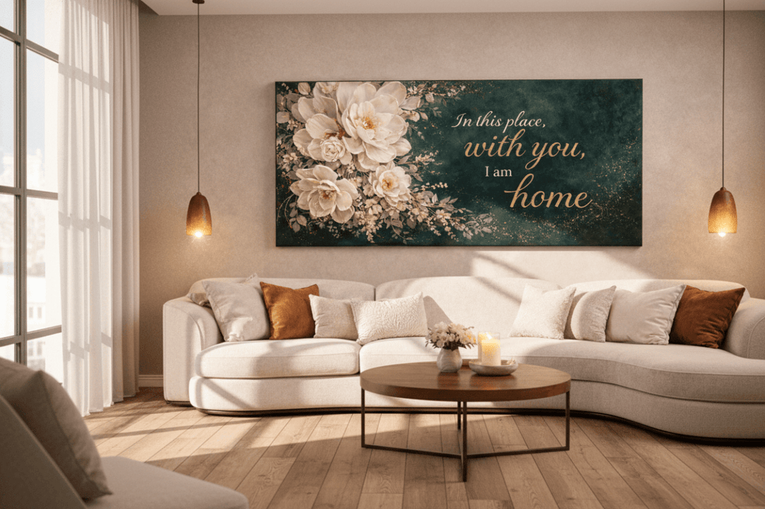 In This Place With You I Am Home Wall Art - Deep Emerald Green Floral Canvas Print with Gold Glitter - Sense for Decor