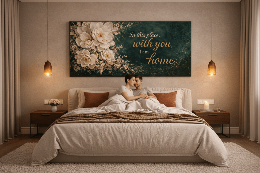 In This Place With You I Am Home Wall Art - Deep Emerald Green Floral Canvas Print with Gold Glitter - Sense for Decor