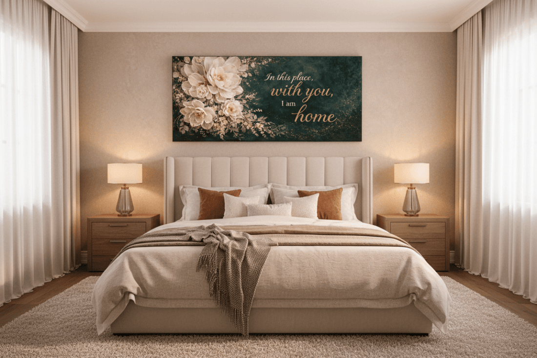 In This Place With You I Am Home Wall Art - Deep Emerald Green Floral Canvas Print with Gold Glitter - Sense for Decor