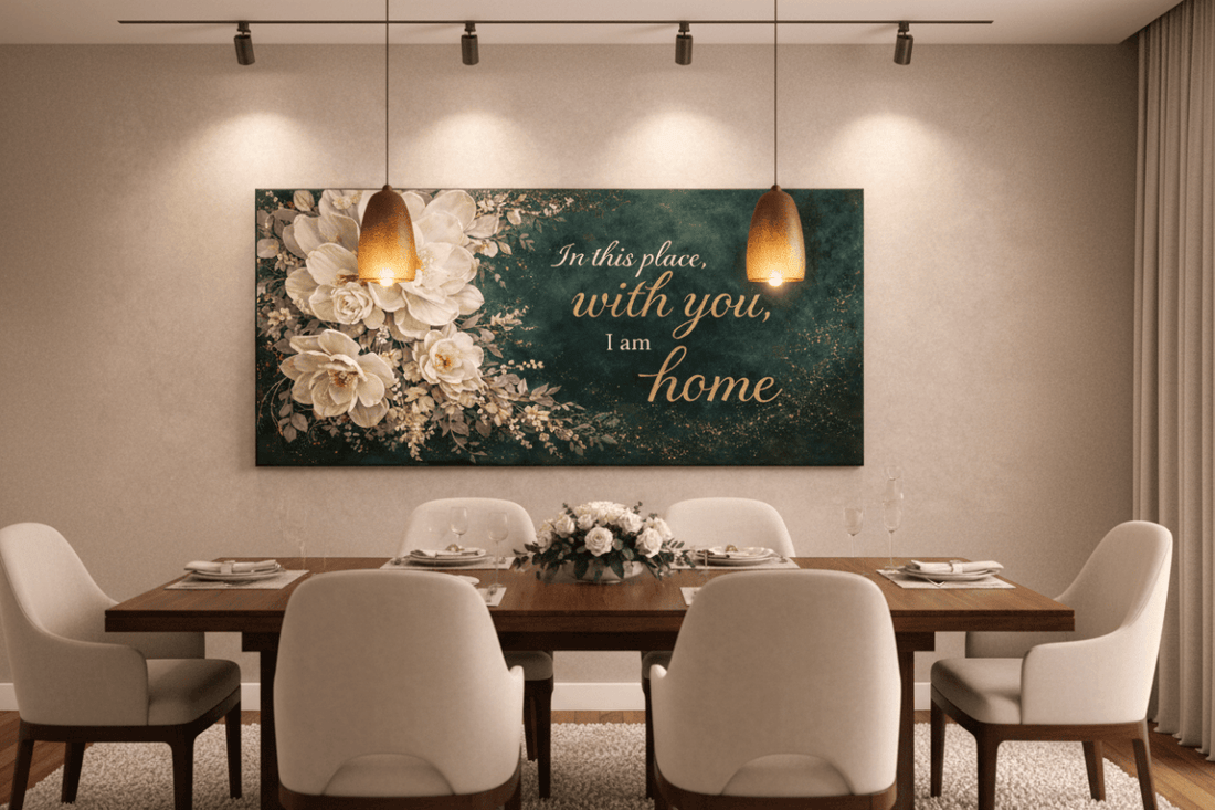 In This Place With You I Am Home Wall Art - Deep Emerald Green Floral Canvas Print with Gold Glitter - Sense for Decor