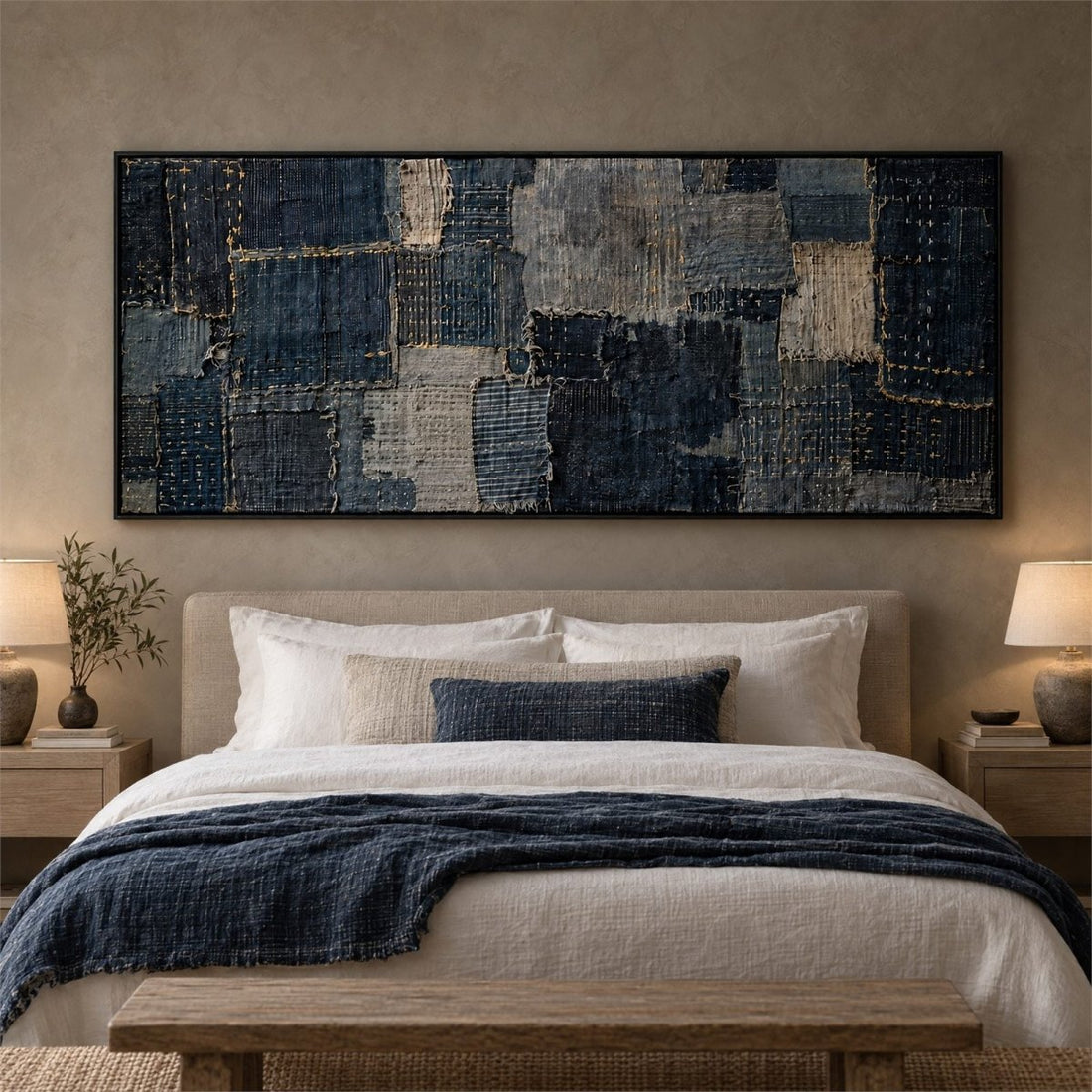 Indigo Wall Art – Oversized Panoramic Boro Patchwork Textured Look Canvas for Living Room - Sense for Decor