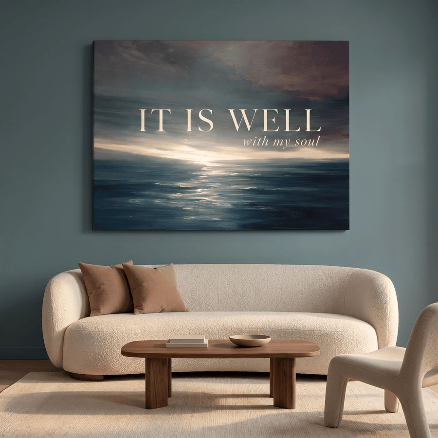 It Is Well With My Soul Wall Art – Christian Hymn Canvas, Moody Ocean Sunset Seascape in Deep Teal - Sense for Decor