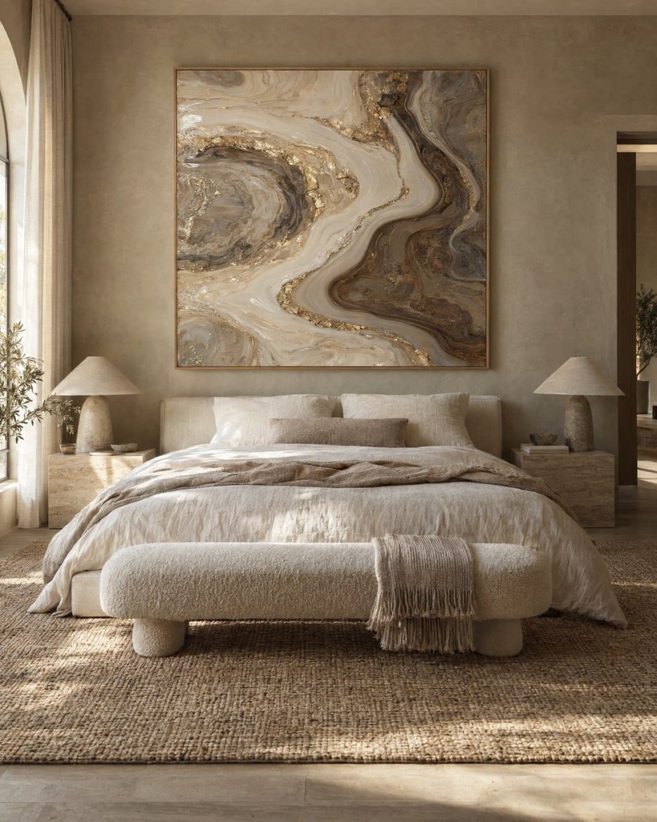 Ivory and Bronze Wall Art – Oversized Abstract River Textured Look Canvas for Living Room - Sense for Decor