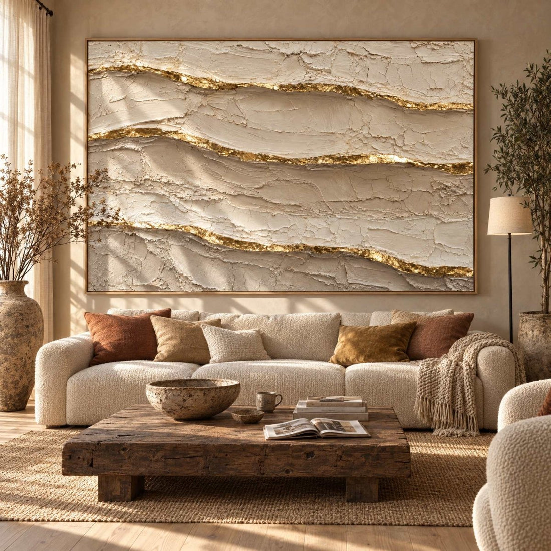 Ivory and Gold Wall Art – Oversized Layered Strata Textured Look Canvas for Bedroom and Living Room - Sense for Decor