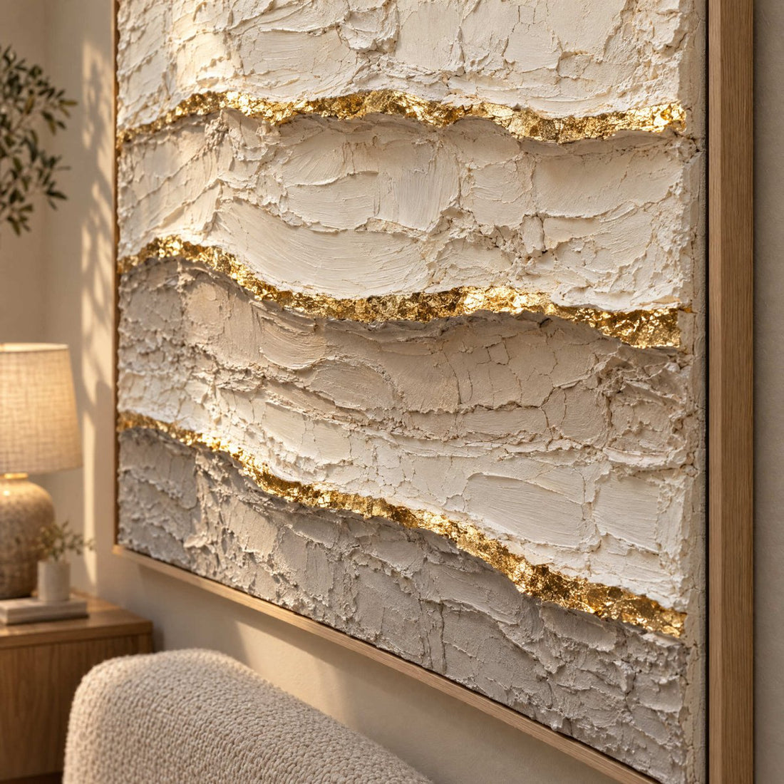 Ivory and Gold Wall Art – Oversized Layered Strata Textured Look Canvas for Bedroom and Living Room - Sense for Decor