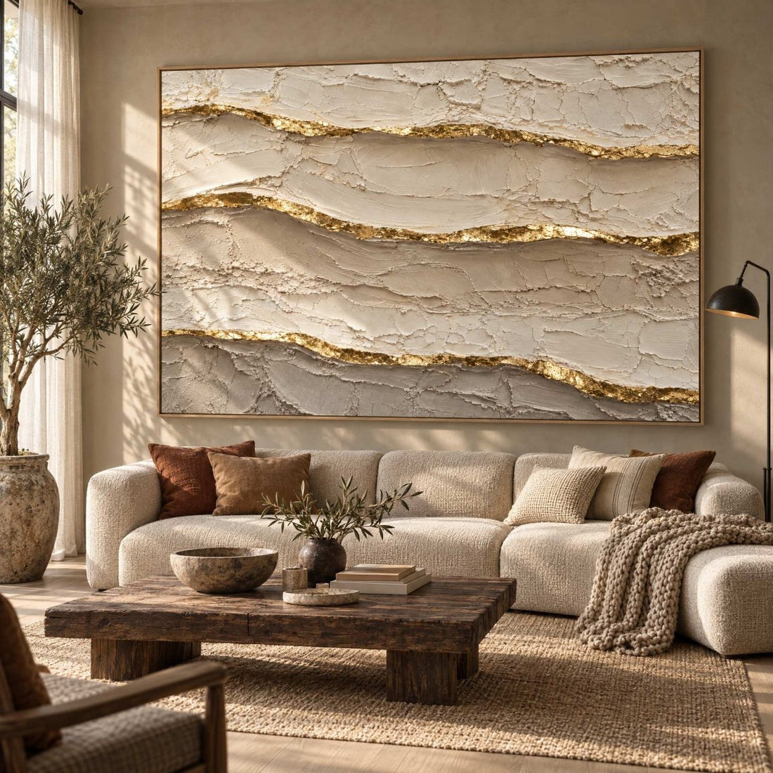 Ivory and Gold Wall Art – Oversized Layered Strata Textured Look Canvas for Bedroom and Living Room - Sense for Decor