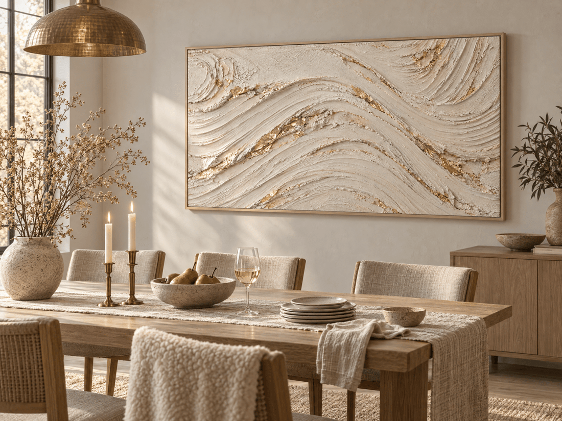 Ivory and Gold Wall Art – Oversized Textured Wave Canvas for Living Room and Bedroom - Sense for Decor