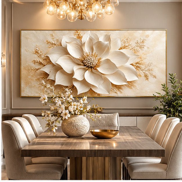 Ivory & Gold Magnolia Bloom Canvas Wall Art – Oversized Panoramic Ivory and Gold Magnolia Floral Canvas for Living Room - Sense for Decor