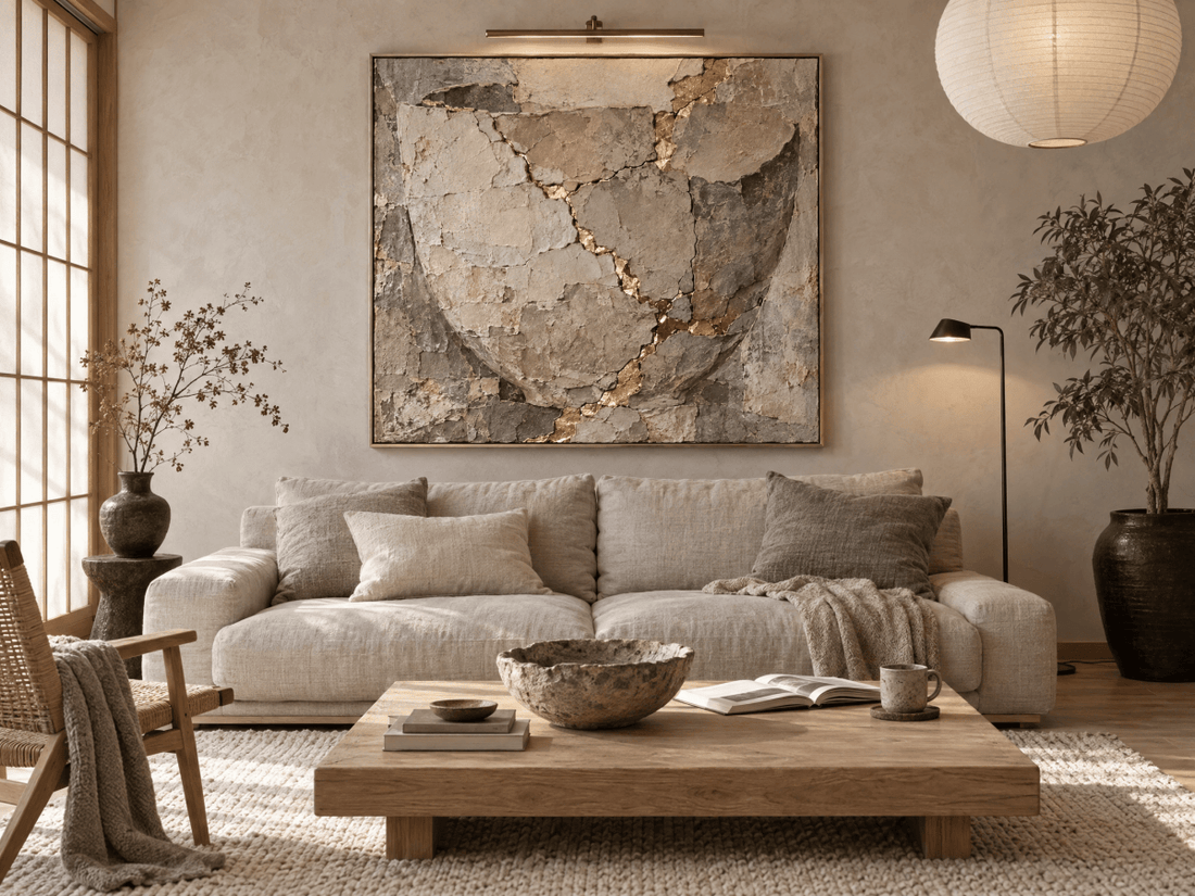 Kintsugi Wall Art – Oversized Grey and Gold Cracked Stone Textured Look Canvas for Living Room - Sense for Decor