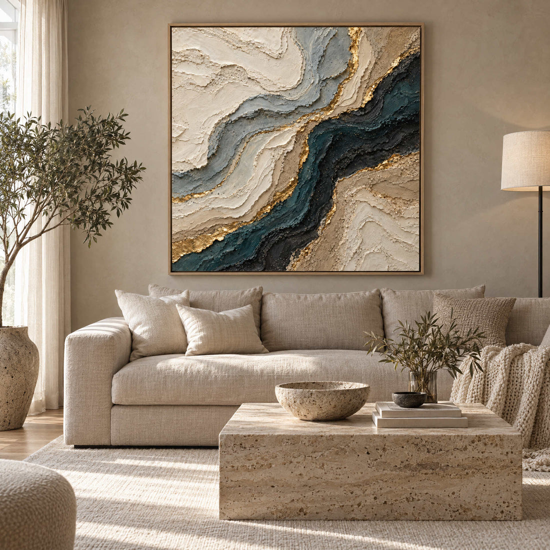 Navy and gold marbled agate canvas above a cream sofa in a warm greige living room