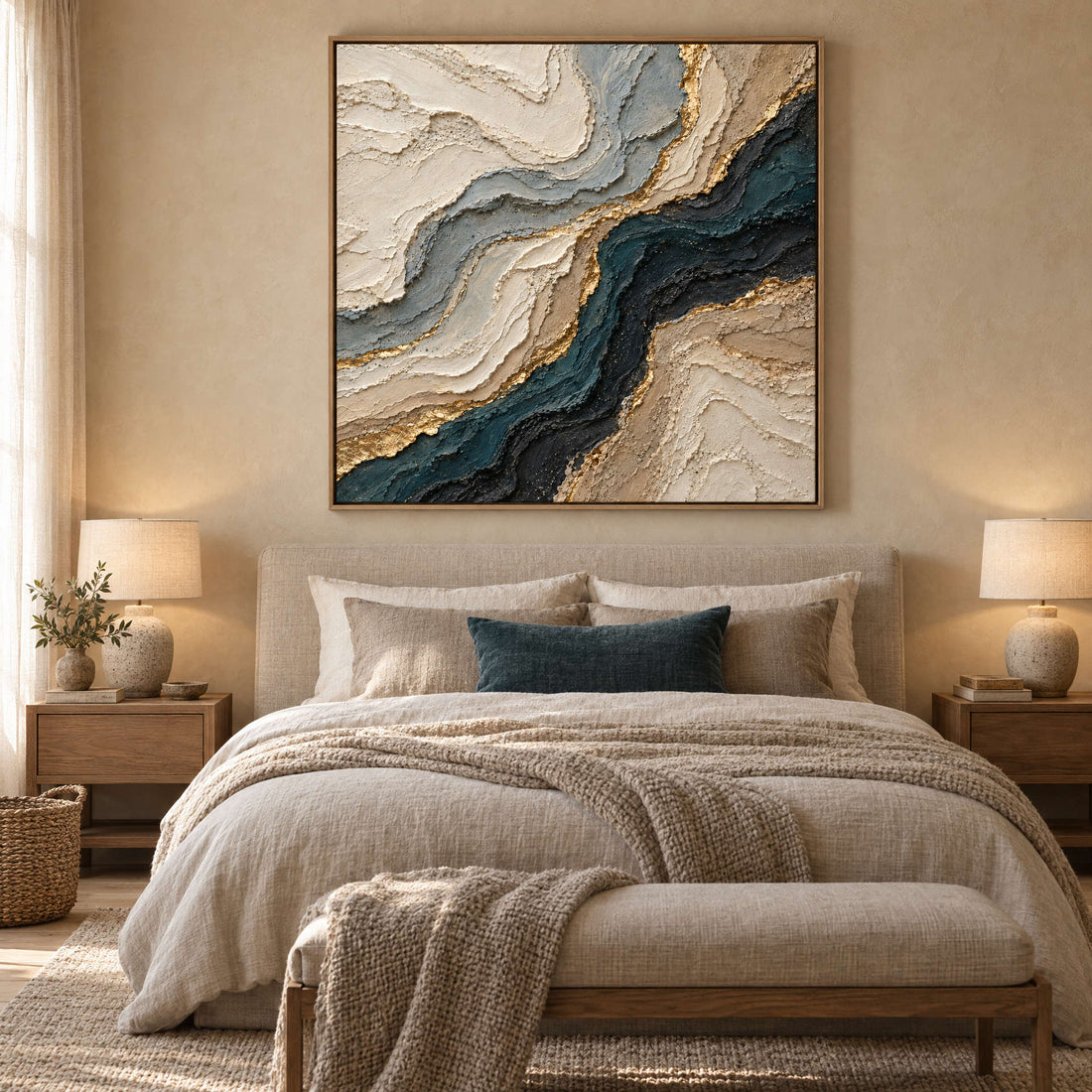 Navy and gold marbled canvas above a bed in a warm sand bedroom