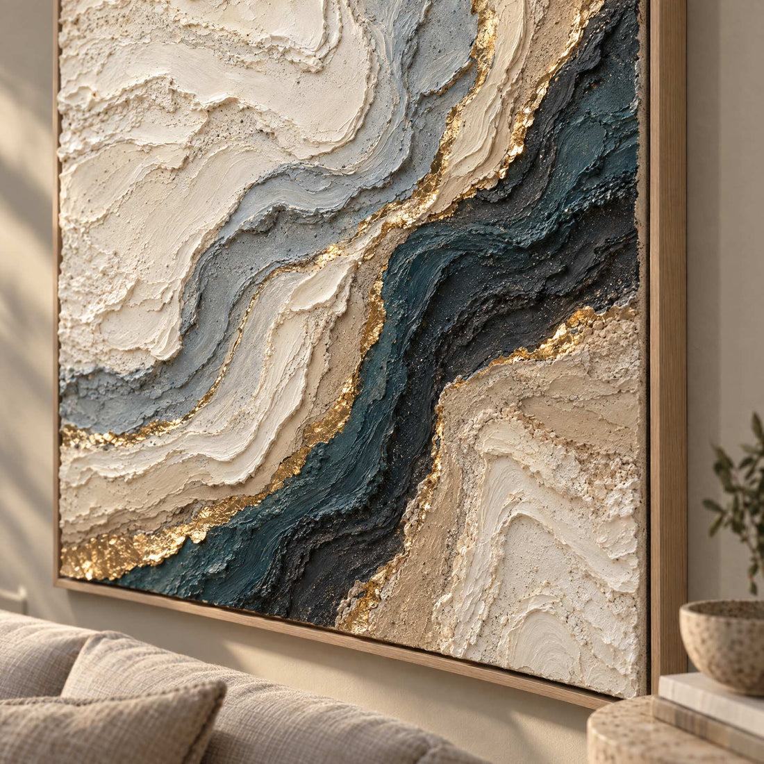 Close up of the navy seam edged in heavy gold leaf against cream marbling