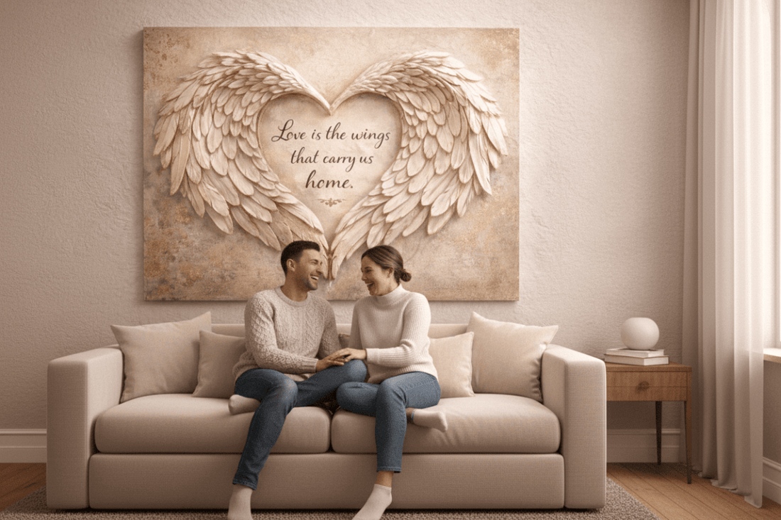 Love Is The Wings That Carry Us Home Wall Art - 3D Angel Wing Heart Canvas with Gold Leaf Texture - Sense for Decor