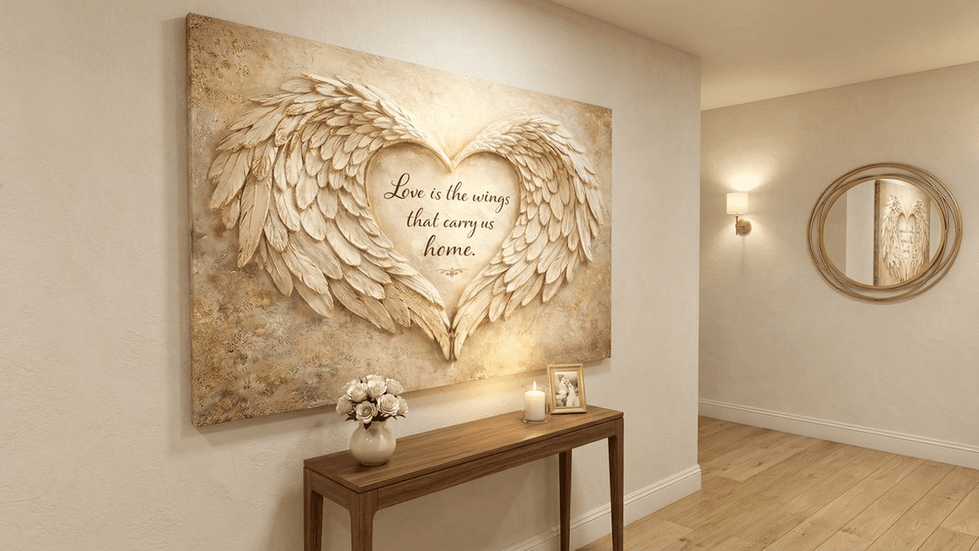 Love Is The Wings That Carry Us Home Wall Art - 3D Angel Wing Heart Canvas with Gold Leaf Texture - Sense for Decor