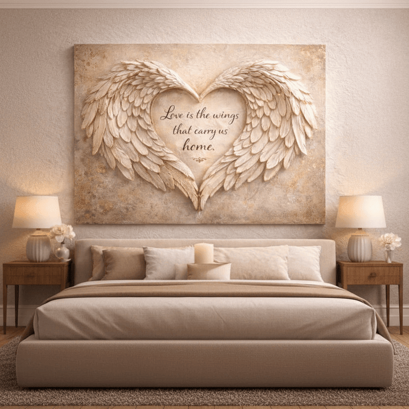 Love Is The Wings That Carry Us Home Wall Art - 3D Angel Wing Heart Canvas with Gold Leaf Texture - Sense for Decor