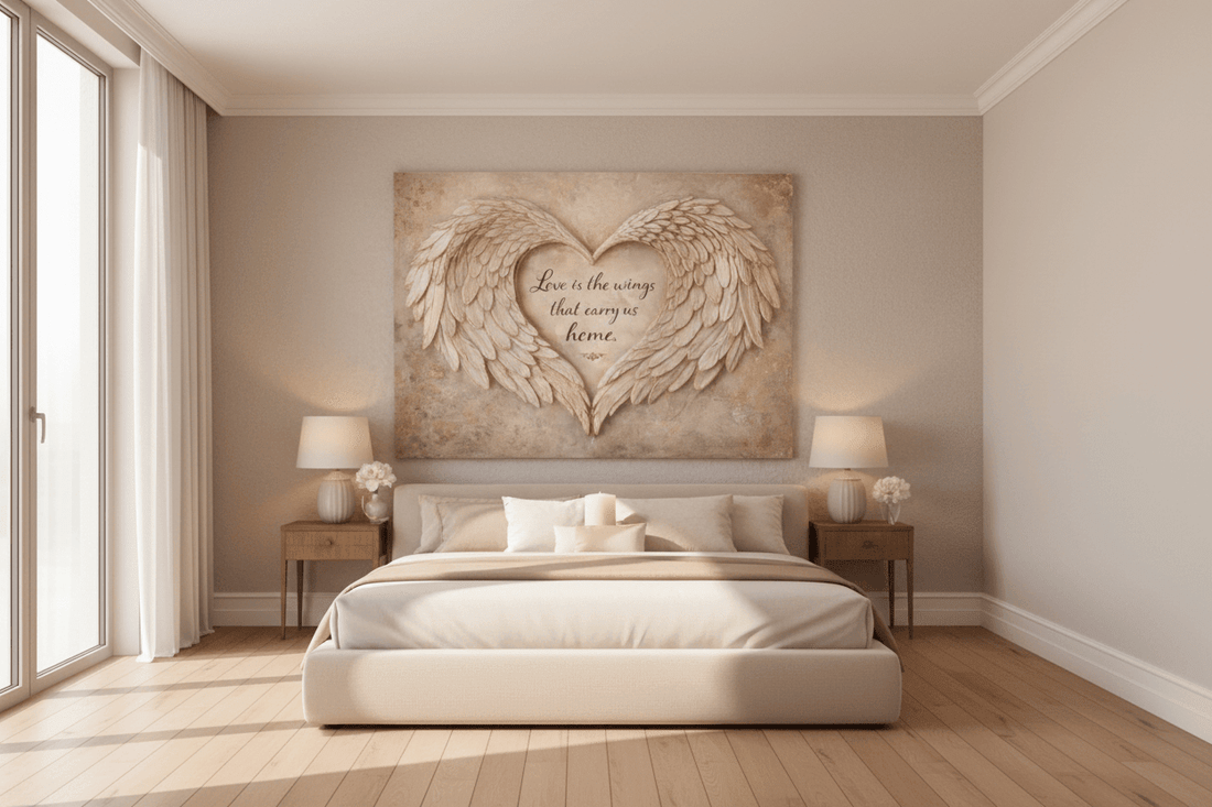 Love Is The Wings That Carry Us Home Wall Art - 3D Angel Wing Heart Canvas with Gold Leaf Texture - Sense for Decor