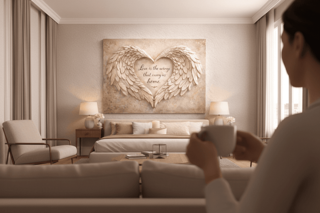 Love Is The Wings That Carry Us Home Wall Art - 3D Angel Wing Heart Canvas with Gold Leaf Texture - Sense for Decor
