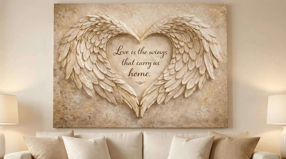 Love Is The Wings That Carry Us Home Wall Art - 3D Angel Wing Heart Canvas with Gold Leaf Texture - Sense for Decor