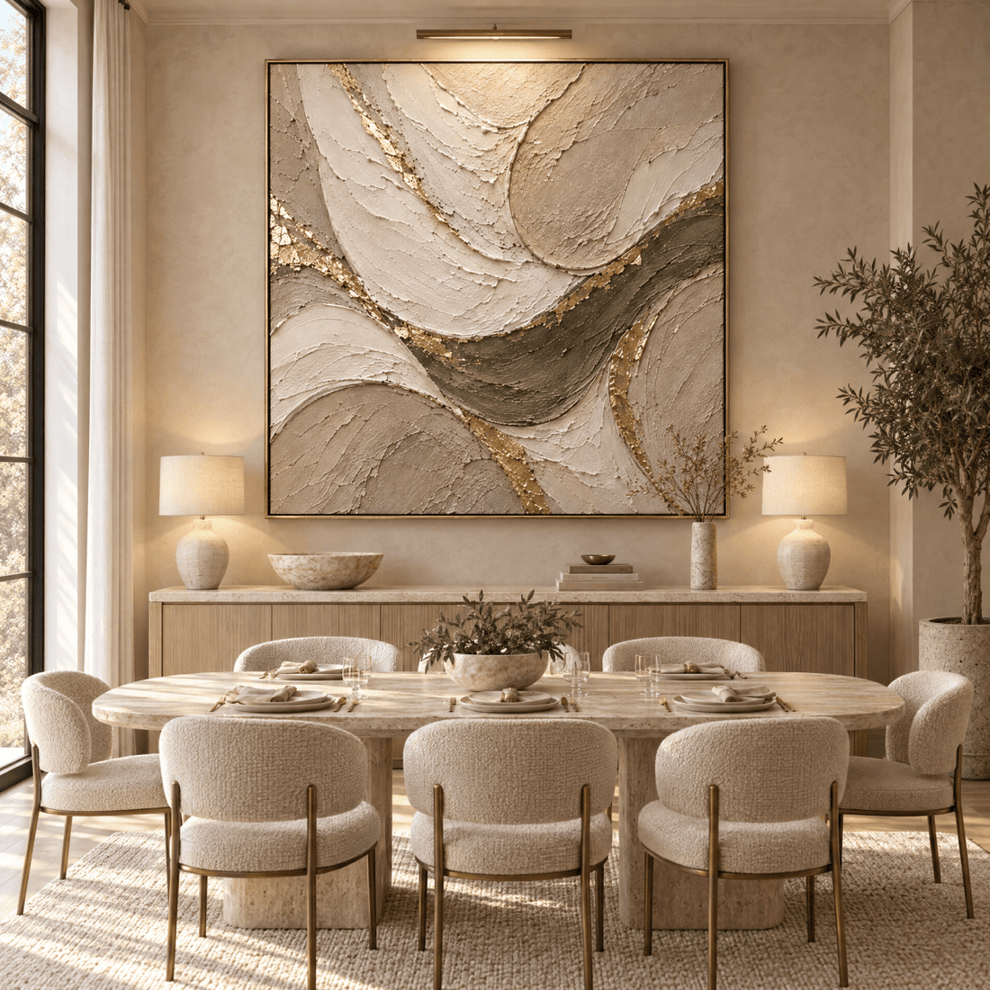 Luxury Cream and Sage Abstract Wall Art – Oversized Gold Leaf Textured Look Canvas for Living Room - Sense for Decor
