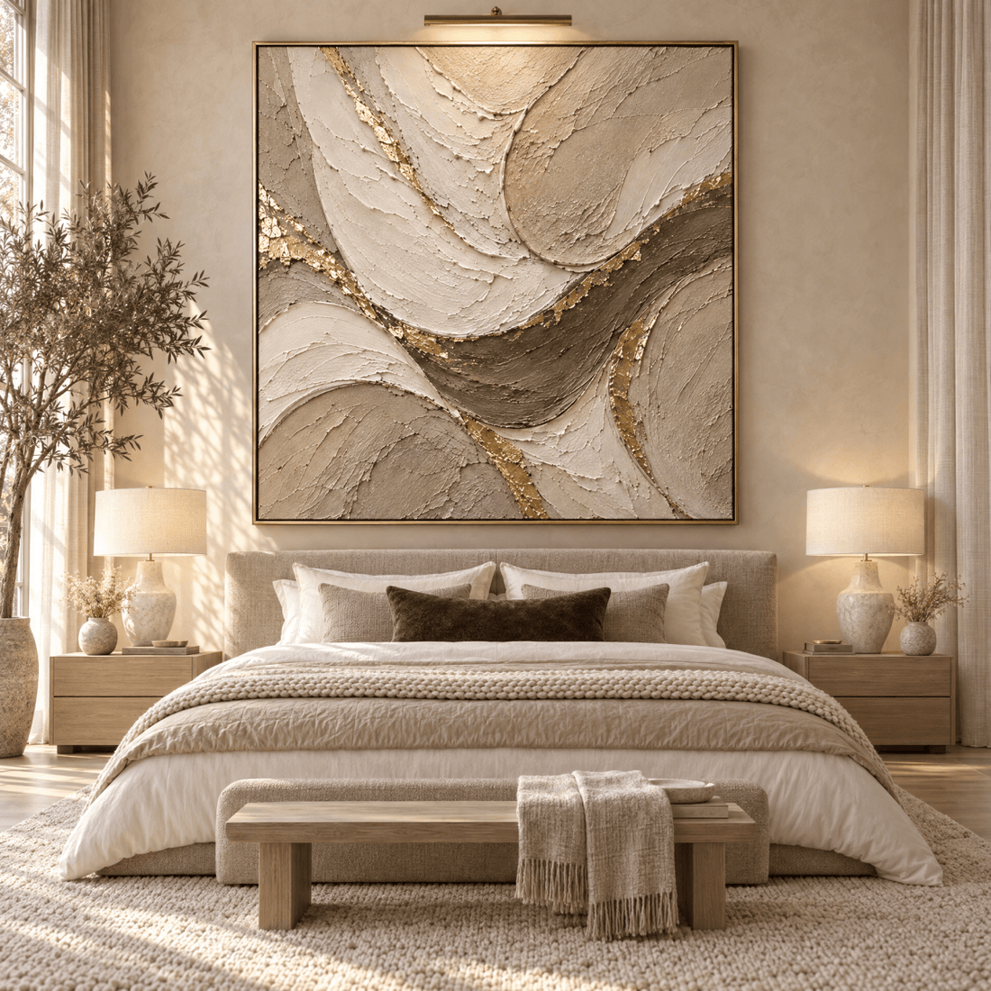 Luxury Cream and Sage Abstract Wall Art – Oversized Gold Leaf Textured Look Canvas for Living Room - Sense for Decor