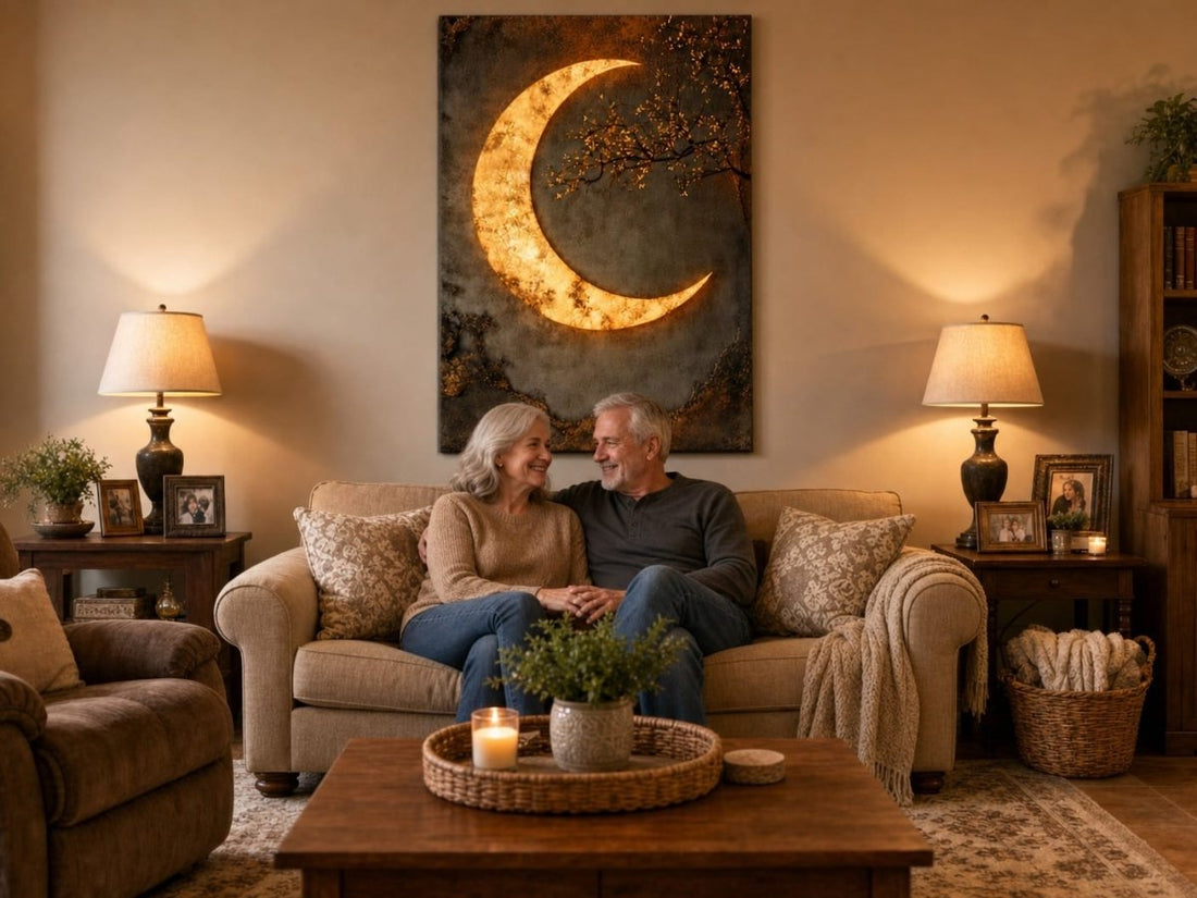 Luxury Crescent Moon Canvas Wall Decor – Illuminated Gold and Grey Artwork - Sense for Decor