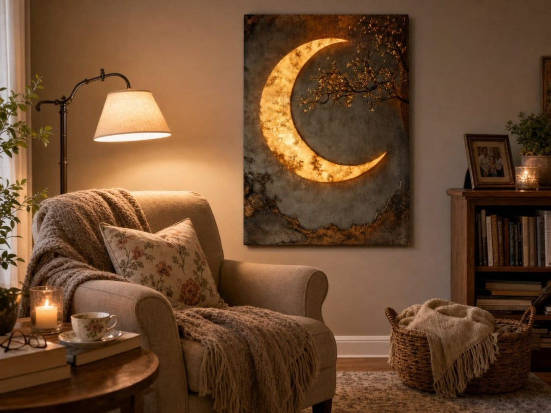 Luxury Crescent Moon Canvas Wall Decor – Illuminated Gold and Grey Artwork - Sense for Decor