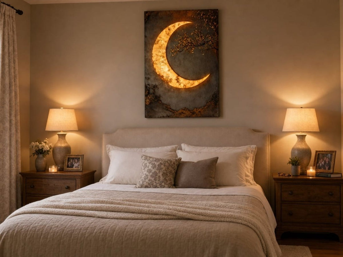 Luxury Crescent Moon Canvas Wall Decor – Illuminated Gold and Grey Artwork - Sense for Decor