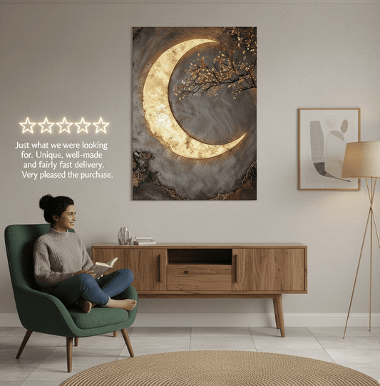 Luxury Crescent Moon Canvas Wall Decor – Illuminated Gold and Grey Artwork - Sense for Decor