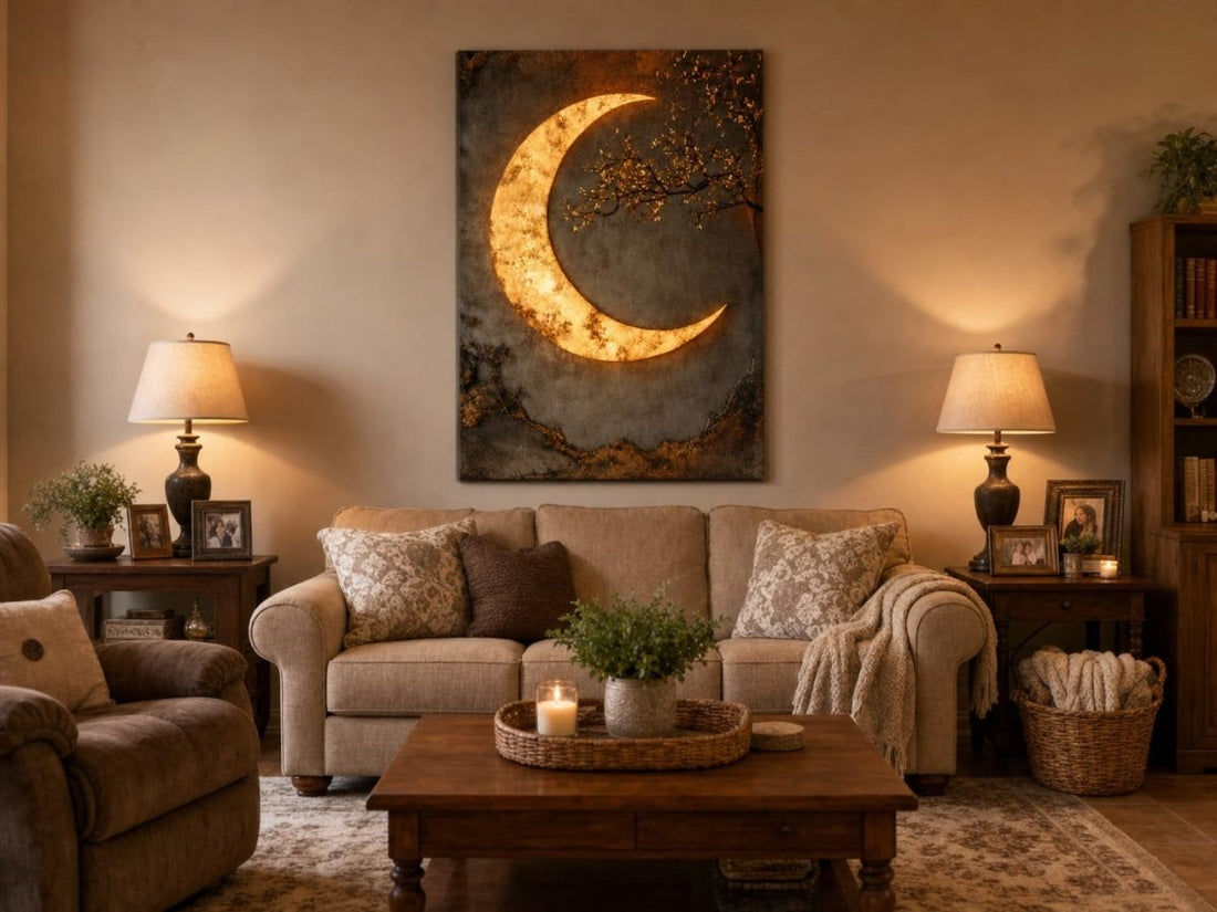 Luxury Crescent Moon Canvas Wall Decor – Illuminated Gold and Grey Artwork - Sense for Decor
