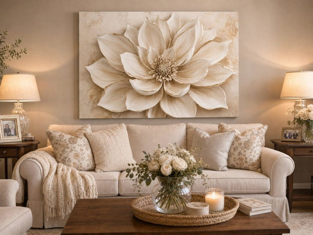 Luxury Flower Wall Art – Oversized Neutral Canvas with Beige and Gold Petals - Sense for Decor