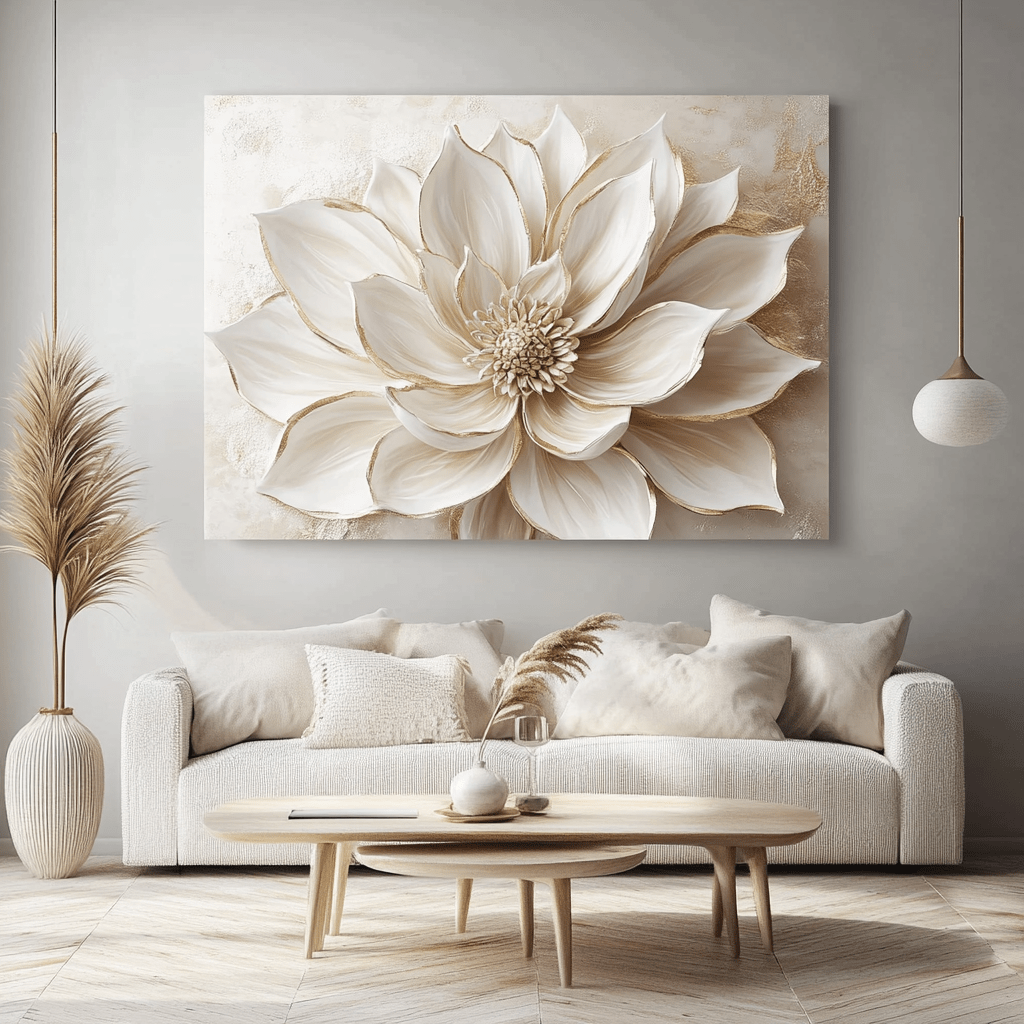 Luxury Flower Wall Art – Oversized Neutral Canvas with Beige and Gold Petals - Sense for Decor
