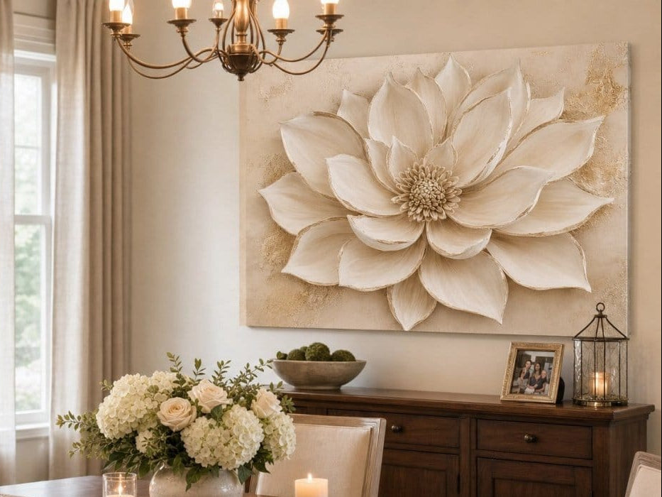 Luxury Flower Wall Art – Oversized Neutral Canvas with Beige and Gold Petals - Sense for Decor