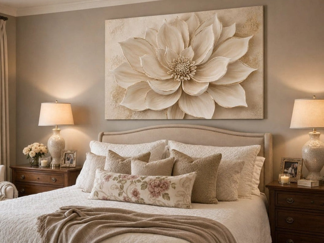 Luxury Flower Wall Art – Oversized Neutral Canvas with Beige and Gold Petals - Sense for Decor
